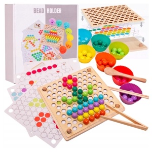 Joc Montessori de Indemanare si Asociere Culori – Set cu Bile Colorate si Bete din Lemn, 94 Accesorii