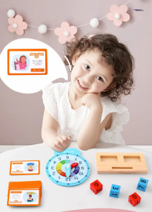 Jucarie Educativa si Interactiva Montessori, Ceas din Lemn cu Alarma, Diferite Forme Geometrice si Cartonase Multicolore - Img 4