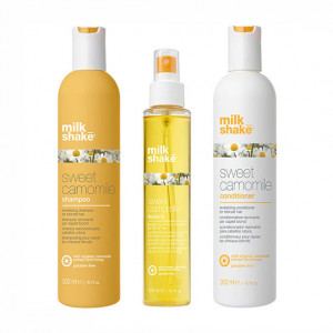 Kit pentru ingrijirea parului blond Milk Shake Sweet Camomile Sampon 300 ml + Balsam 300 ml + Tratament 150 ml - Img 2
