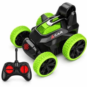 Masina de cascadorii cu telecomanda R/C, 40 MHz, rotire 360°, doua fete, roti mari, verde-negru