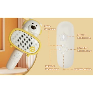 Microfon Bluetooth pentru copii White Bear – difuzor wireless cu efecte sonore si cablu de incarcare