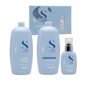 Pachet densificator pentru par subtire Alfaparf Semi di Lino Density Thickening, sampon, 1000 ml + balsam, 1000 ml + lotiune, 6 x 13 ml, + crema leave-in, 125 ml