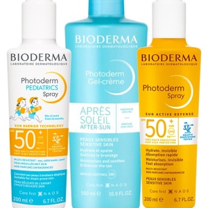 Pachet Family Bioderma Photoderm SPF 50+ – Spray copii 200 ml, Spray adulti 200 ml, Gel-crema dupa plaja 500 ml.