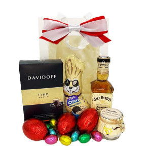 Pachet HappyEaster, Cafea Davidoff Fine Aroma, Jack Danie’s, lumanare parfumata, iepuras milka oreo si oua de ciocolata
