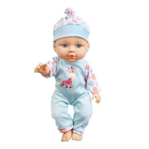 Papusa bebelus Little Friend cu costum albastru si imprimeu girafa, 27 cm