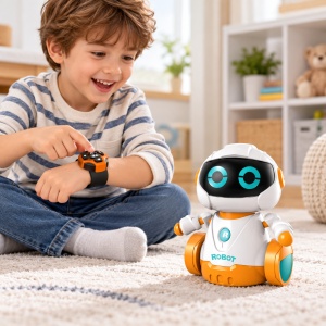 Robot interactiv pentru copii, cu telecomanda tip ceas, lumini si sunete, Alb/Portocaliu - Img 3