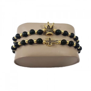 Set 2 bratari Dazzling din otel inoxidabil, onix si zirconiu, Unisex, gold