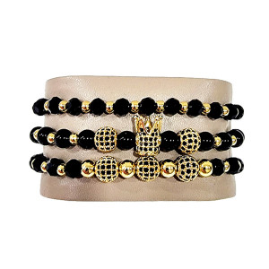 Set 3 bratari Royal din otel inoxidabil, onix si zirconiu, Unisex, gold - Img 1
