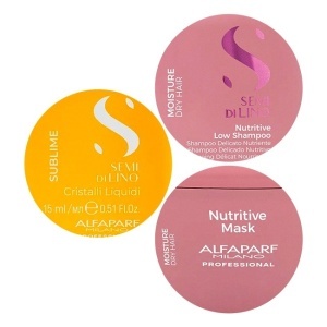Set Alfaparf Semi Di Lino Moisture Nutritive cu 250 ml Sampon + 200 ml Masca + Ulei Cristalli Liquidi 15 ml