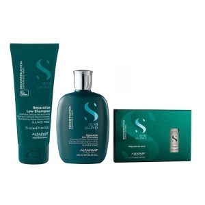Set Alfaparf Semi di Lino Reconstruction – Sampon 250 ml + Sampon Travel Size 75 ml + Lotiune, 6x13 ml