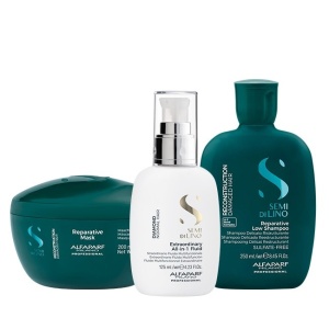 Set Alfaparf Semi Di Lino Reconstruction Sampon, 250 ml + Masca 200 ml + Fluid pentru stralucire All-in-1 Diamond Illuminating, 125 ml