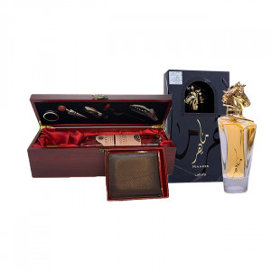 Cos, Cutie din lemn cu 5 accesorii si Vin Bottega Pinot Grigio Rose DOC 750 ml, Parfum Lattafa Maahir 100 ml, Portofel de piele
