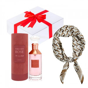 Set cadou Essence Shawl parfum Lattafa Velvet Rose esarfa satinata cutie cadou cu funda.jpg