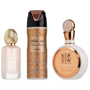 Set Cadou Fakhar Woman Apa de Parfum 100 ml + Parfum pentru par, 50 ml + Deo Spray, 200 ml