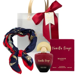 Set cadou Maison Asrar Vanilla Rouge, Apa de Parfum, Femei, 100 ml + esarfa satinata