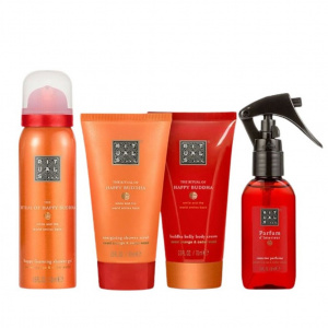 Set cadou RITUALS The Ritual of Happy Buddha, Spuma de dus 50 ml + Crema de corp 70 ml + Exfoliant pentru corp 70 ml + Parfum pentru camera 50 ml + Geanta cosmetica