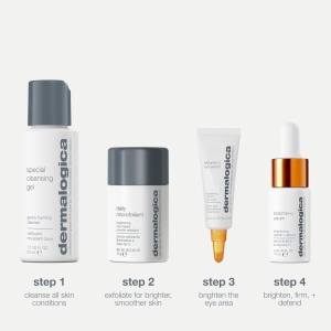 Set curatare si luminozitate Dermalogica Cleanse + Brighten, Gel de curatare Special Cleansing, 50 ml + Pudra exfolianta Daily Microfoliant, 13 g + Ser iluminator cu Vitamina C Biolumin-C, 10 ml + Ser iluminator pentru ochi Biolumin-C, 6 ml