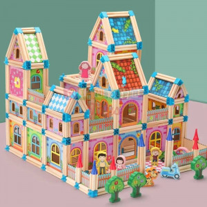 Set de 128 de piese de construit din lemn natural pentru copii, educational si creativ cu diferite ilustratii vesele - Img 3