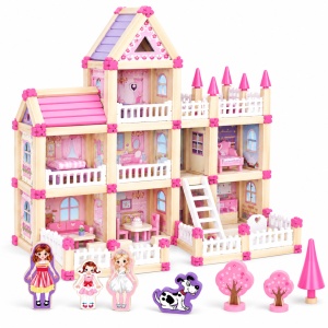 Set de constructie din lemn Casuta Printeselor, 298 piese, cu figurine si accesorii, 3 Ani+, multicolor