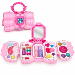 Set de infrumusetare pentru fete in gentuta tip funda, cu oglinda si cosmetice lavabile, roz