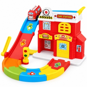 Set de joaca Statie de pompieri Builder Track, circuit cu rampa si masinuta, 13 piese, 18 luni+
