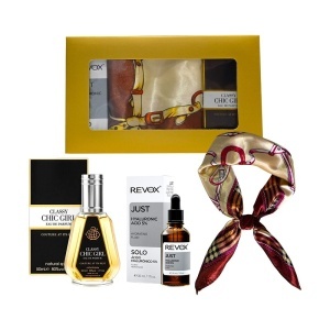 Set Elysa – Ser Revox Hyaluronic Acid 5% 30ml, Parfum Classy Chic Girl 50ml, Esarfa crem satinata