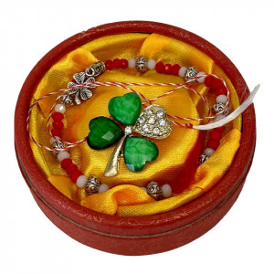 Set Lucky Camee, brosa/ trifoi cu cristale si bratara, elastica cu margele si charm trifoi, in cutie rotunda, Verde