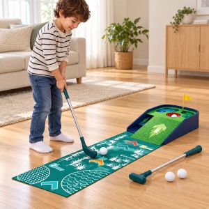 Set mini golf pentru copii, 2 crose reglabile, 3 mingi, covoras si rampa cu 3 tinte, 3 ani+ - Img 2