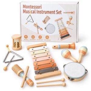 Set Montessori de instrumente muzicale pentru copii, xilofon, tamburina, maracas si accesorii, Lemn, Multicolor