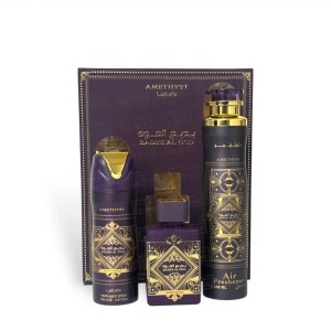 Set Parfum Arabesc Bade’e Al Oud Amethyst – Parfum 100 ml, Spray Parfumat 200 ml si Odorizant Camera 300 ml