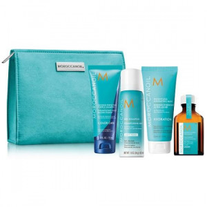 Set pentru calatorie Moroccanoil Blonde, Sampon Blonde Perfecting Purple pentru par blond, Masca de par Intense Hydration Light, Sampon uscat pentru par deschis la culoare, Tratament pentru par fin si deschis la culoare Light