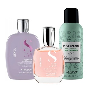 Set pentru netezire Alfaparf Milano Semi Di Lino Sampon, 250 ml + Sampon uscat Style Stories 200 ml + Apa parfumata pentru par si corp Sublime Water 50 ml