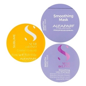 Set pentru netezire Alfaparf Milano Semi Di Lino Smoothing Sampon 250 ml + Masca, 200 ml + Ulei Cristalli Liquidi 15 ml