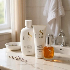 Set pentru stralucire Alfaparf Semi Di Lino Diamond Iluminating cu Sampon, 250 ml + Balsam, 200 ml + Ulei Cristalli Liquidi, 15 ml