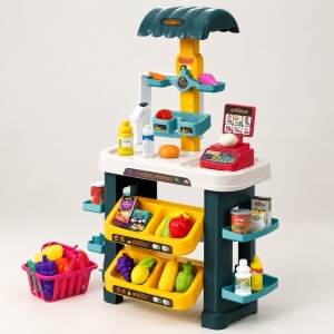 Set supermarket pentru copii, 47 de piese, cu casa de marcat, cos de cumparaturi si accesorii, 3 ani+