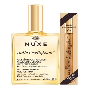 Set Ulei multifunctional 100 ml + Roll On pentru fata si decolteu Huile Prodigieuse Or 8 ml, Nuxe