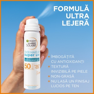 Spray pentru fata cu protectie solara SPF 50 Over Makeup Super UV Ambre Solaire Garnier, 75 ml - Img 3