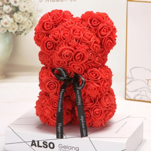 Ursulet floral din Trandafiri de spuma 25 cm, cu funda, in cutie cadou, rosu