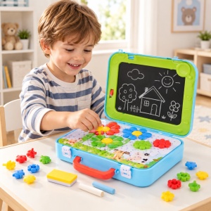 Valiza creativa 2 in 1 cu tabla de desen si joc mozaic, 47 piese, 8 planse duble si accesorii, albastru, 3+ ani - Img 3