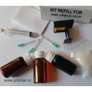 Kit refill reincarcare cartuse HP901 desfundare HP901-XL COLOR CC656AE TRICOLOR