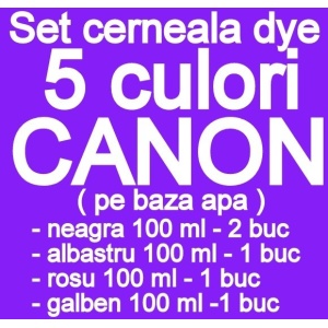 Pachet 5 culori Cerneala CANON DYE CISS PGI5 CLI8 PGI520 CLI-521 PGI525 CLI-526 PGI550 CLI551 pe baza de apa ( 2 X NEGRU + 1 X ALBASTRU + 1 X ROSU + 1 X GALBEN ) - 100 ml fiecare