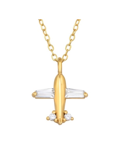 Lantisor avion din argint 925 partial placat cu aur, cristale.