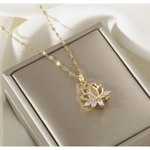 Lantisor premium floare de lotus, inox placat cu aur 18k, cristal zirconiu, ochi de pisica. - Img 3