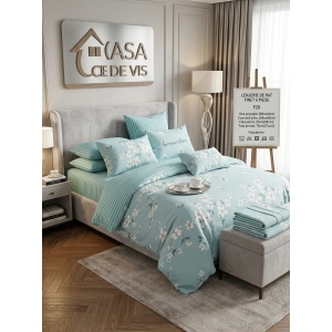 Lenjerie de Pat din Finet Premium – 6 Piese | Nuanță Verde MENTĂ cu Imprimeu Floral Subtil