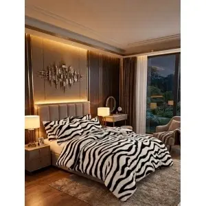 Set Lenjerie de Pat Cocolino Premium alb cu negru, 4 piese, cu Elastic,Model Tigrat/Zebra, Extra Pufoasă și calduroasa