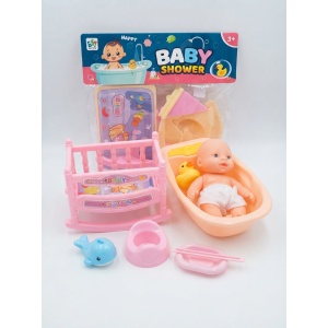 Set dejoacă "Baby Shower"- Păpușă, cădiță și pătuț balansoar