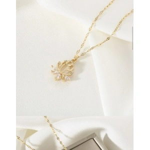 Lantisor premium floare de lotus, inox placat cu aur 18k, cristal zirconiu, ochi de pisica. - Img 2