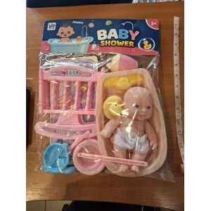 Set dejoacă "Baby Shower"- Păpușă, cădiță și pătuț balansoar - Img 2