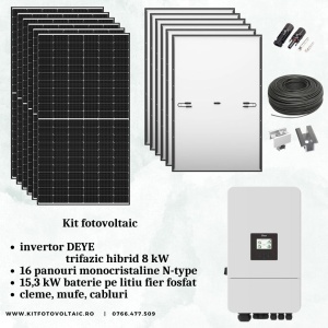 KIT 16 PANOURI FOTOVOLTAICE + INVERTOR DEYE HIBRID TRIFAZIC 8 kW + ACUMULATOR 15,3kw LifePO4