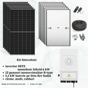 KIT 12 PANOURI FOTOVOLTAICE + INVERTOR DEYE HIBRID MONOFAZIC 6 kW + ACUMULATOR 5,1kw LifePO4